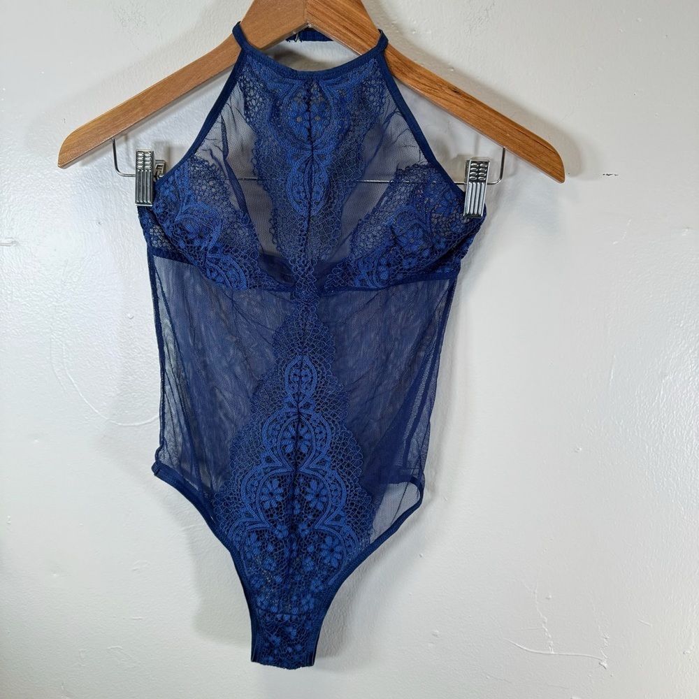 Victoria's secret bodysuit blue halter lace mesh lingerie sexy small festival